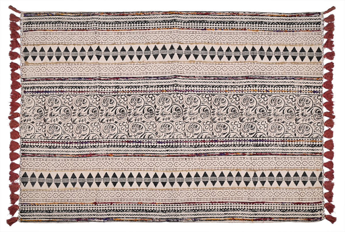 Multicolor Cotton Hand Block Printed Embroidered Handwoven Rug