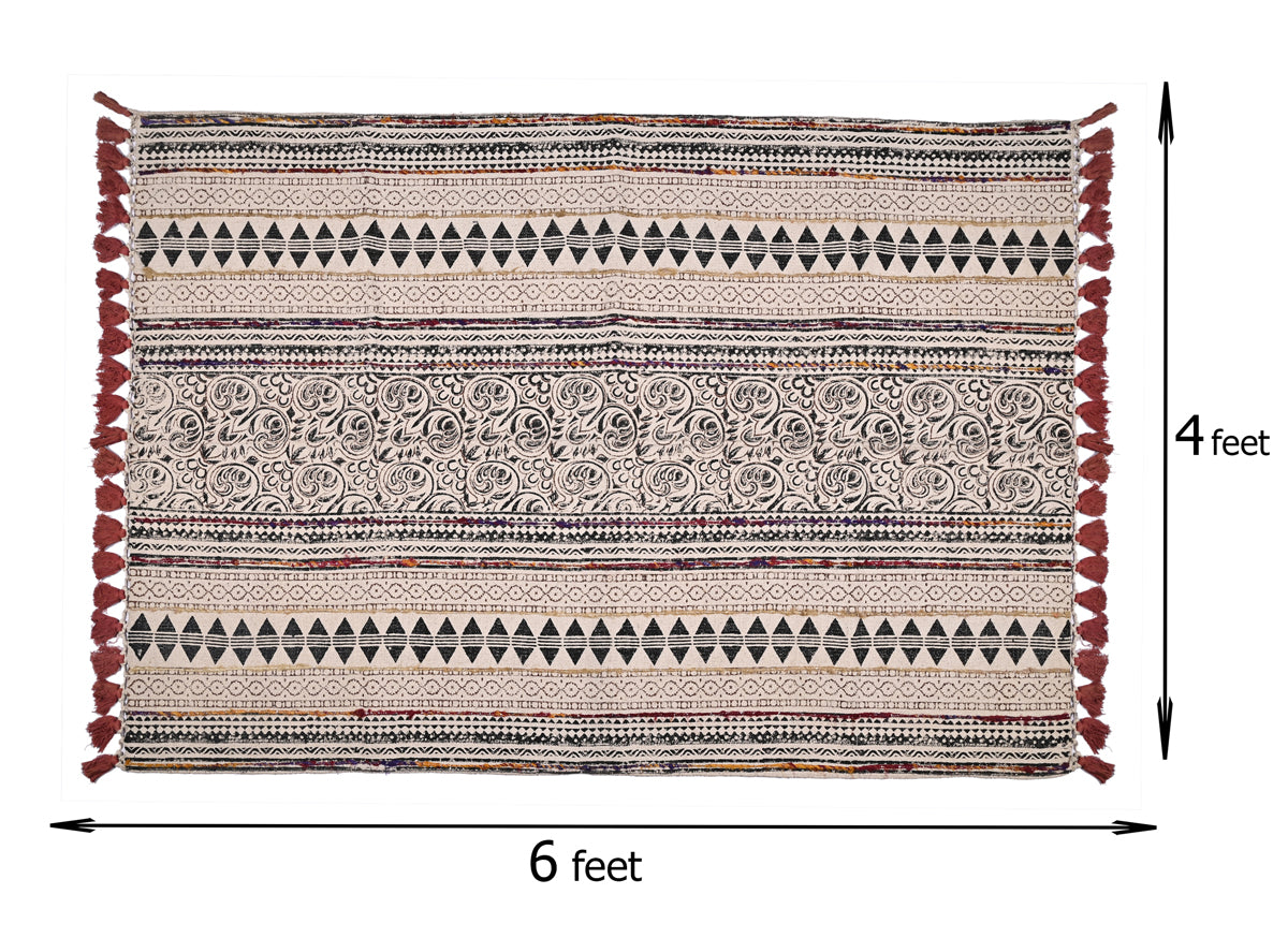 Multicolor Cotton Hand Block Printed Embroidered Handwoven Rug