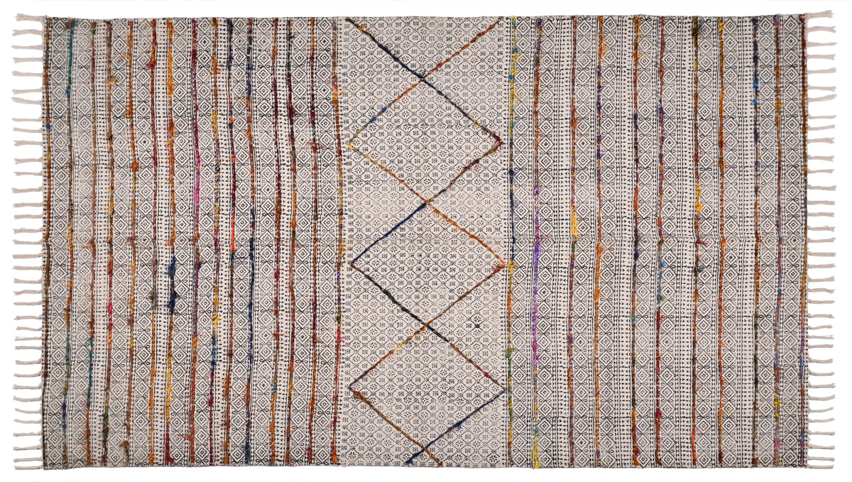 Multicolor Cotton Hand Block Printed Embroidered Handwoven Rug