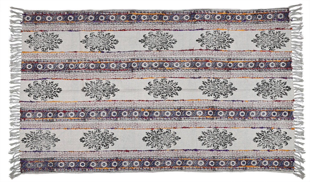 Multicolor Cotton Hand Block Printed Embroidered Handwoven Rug