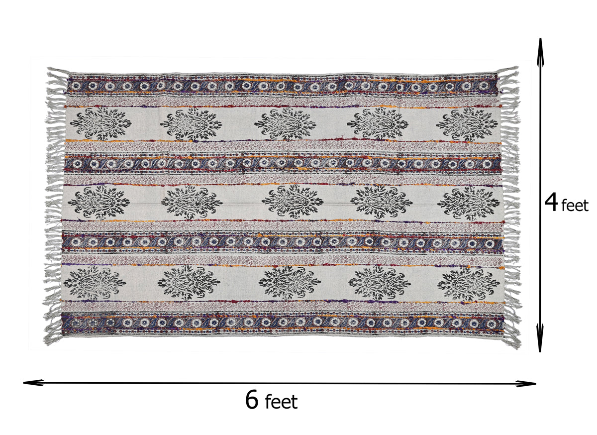 Multicolor Cotton Hand Block Printed Embroidered Handwoven Rug