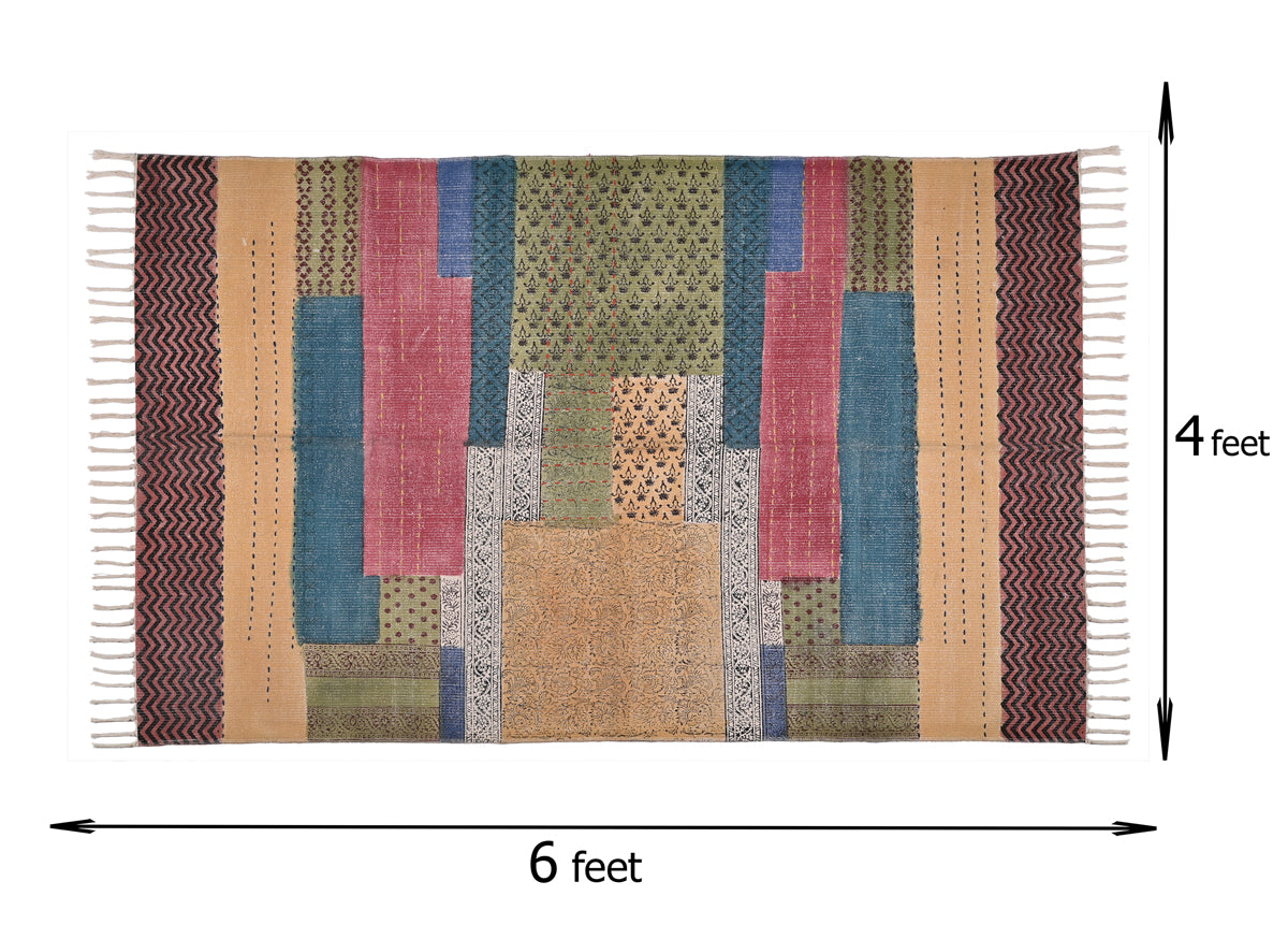 Multicolor Cotton Handwoven Kantha Work Printed Rug