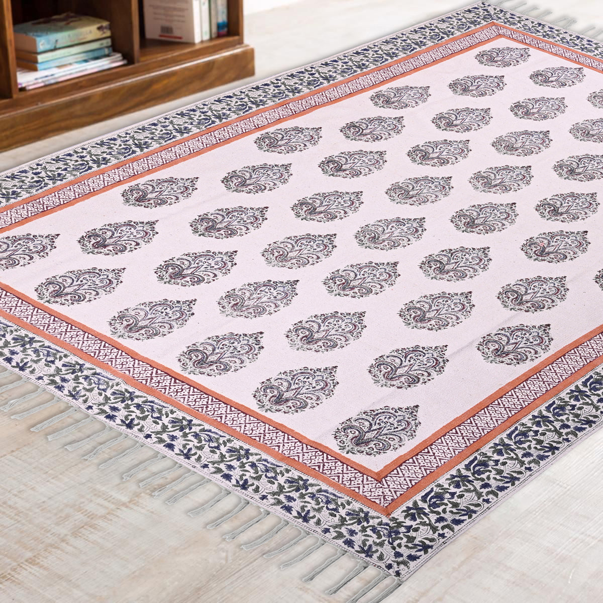 Multicolor Cotton Handwoven Block Printed Rug